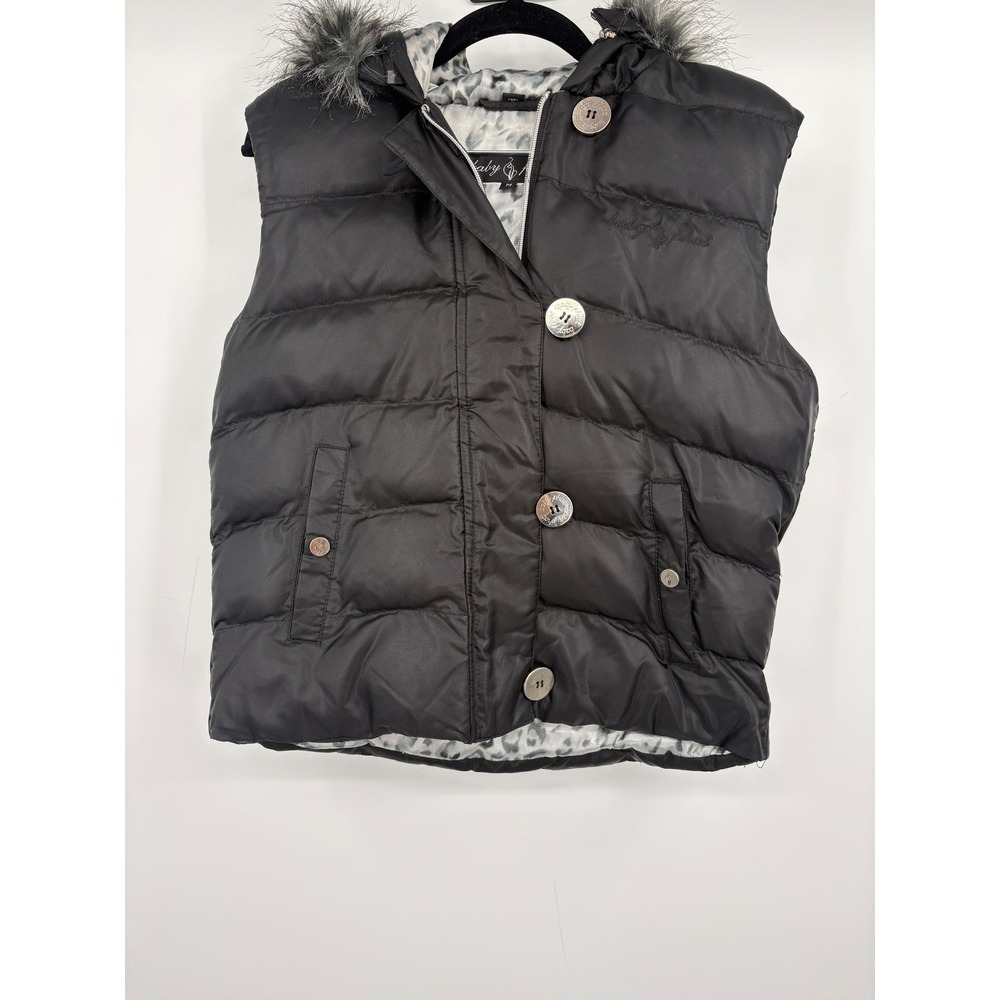Baby Phat Quilted Puffer Vest Hooded Faux Fur Trim Leopard Lined Black M